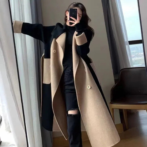 Woolen coat women's long winter double-sided fleece wool color-blocking temperament Hepburn style slim coat