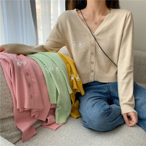 T-shirt women's Korean version small solid color jacket short cardigan V-neck with long sleeve sweater small simple student
