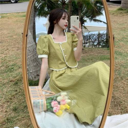 Large women's fat mm skirt two-piece set 2020 new small fragrance square collar top high sense versatile suit summer