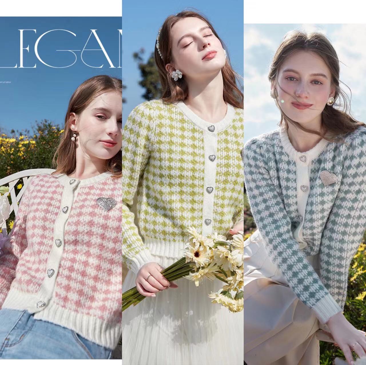 French small fresh round neck short cardigan thousand bird lattice love sweater sweater sweater jacket women's fragrance