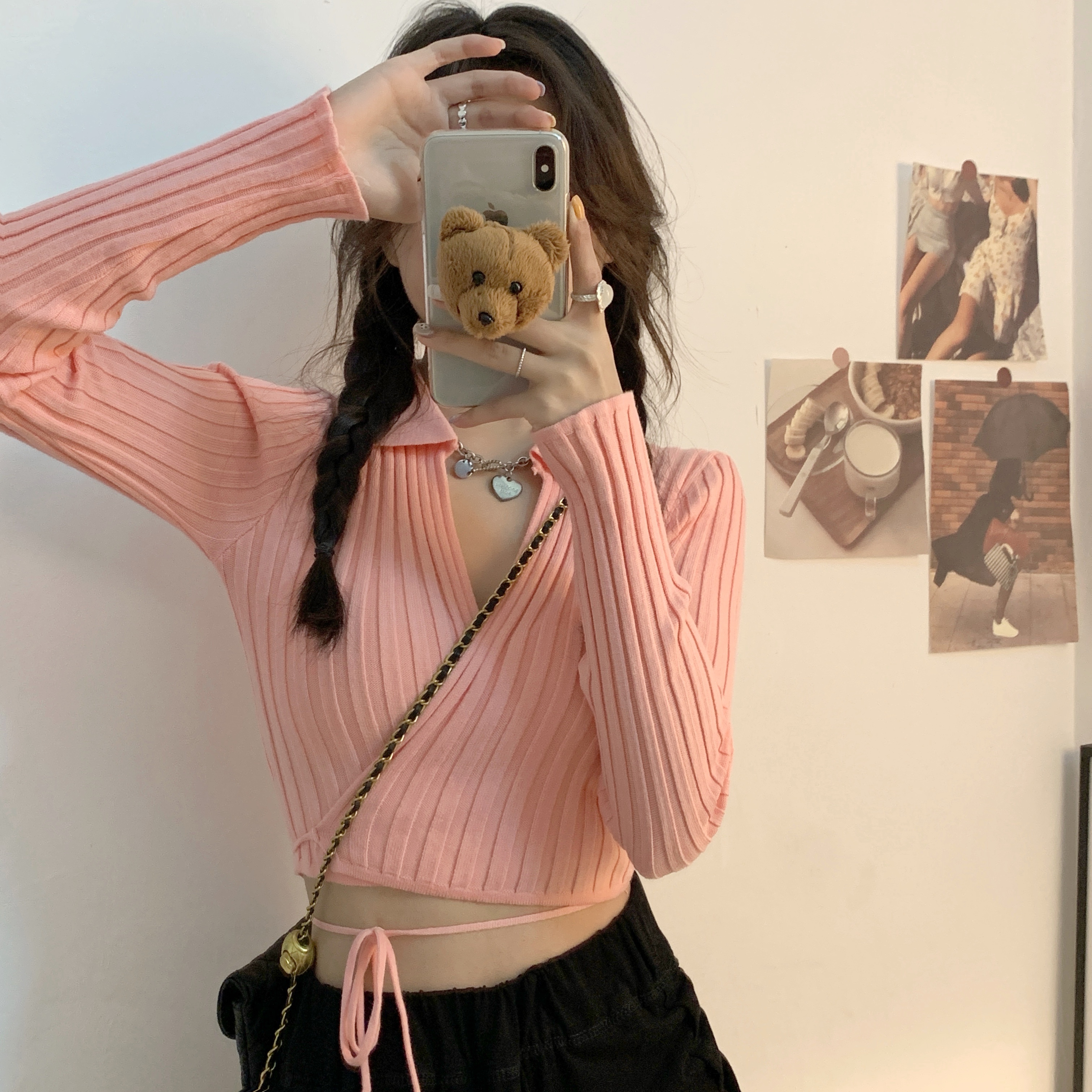 Real shooting real price Design sense niche pink and white strappy sweater cardigan women's long-sleeved short knitted top