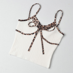 Real shot - leopard pattern stitching lace up halter top, slim fit, short style with bottom vest inside