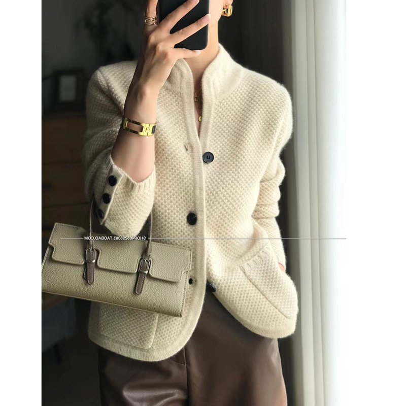 European goods ~ autumn and winter new thickened 100% pure cashmere cardigan women's stand-up collar sweater loose knitted bottoming shirt coat