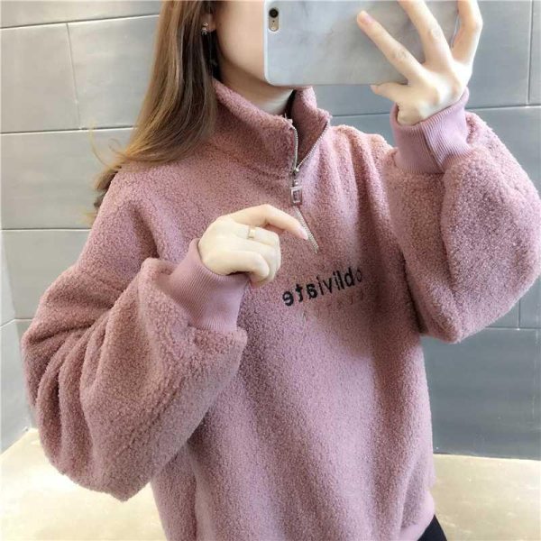 Imitation lamb wool sweater women's loose Korean version new autumn and winter thickened cashmere women's coat stand collar solid color coat