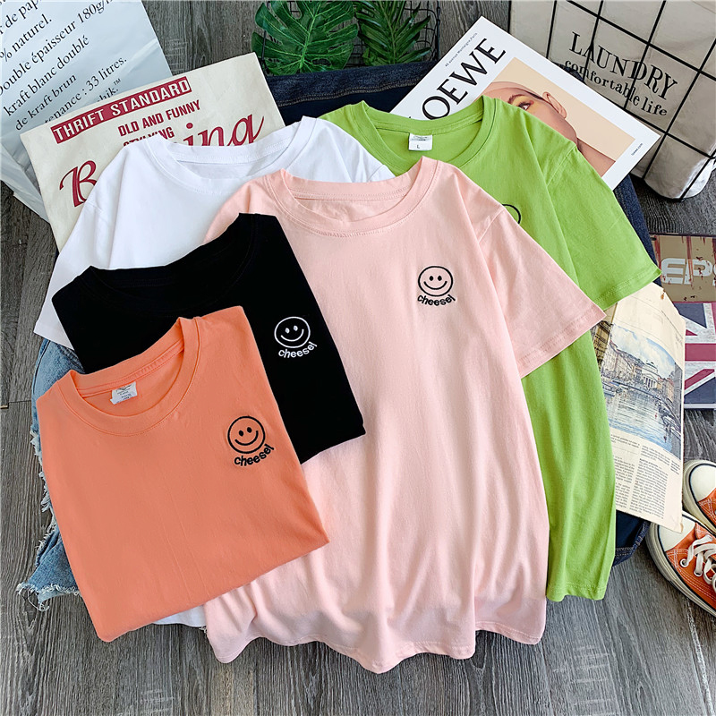 Real shot ins short sleeve T-shirt women's spring and summer BF versatile loose and lazy style smiling face embroidered top fashion