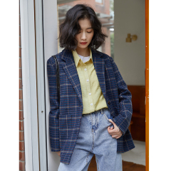 Real shot retro Plaid Blazer Jacket Women's Hong Kong style short suit winter