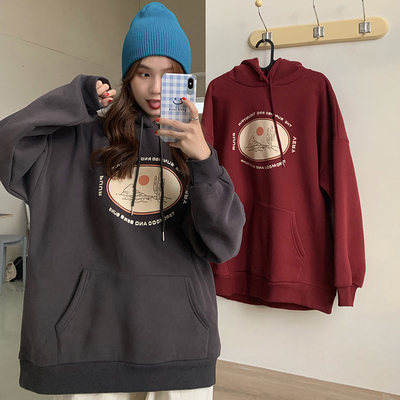 Plus velvet thickened Korean version of the new loose mid-length super fire salt series hooded large size printing long-sleeved sweater top women