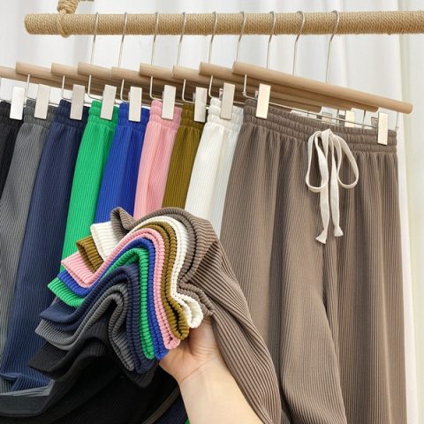 Summer loose high waist pressure stripe 100 fold wide leg pants women's thin texture vertical drag floor straight casual pants
