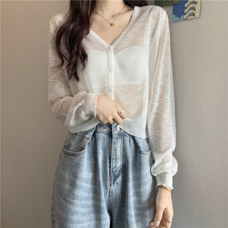 Real price real shot Korean version thin loose solid color knitted cardigan candy color sunscreen top female