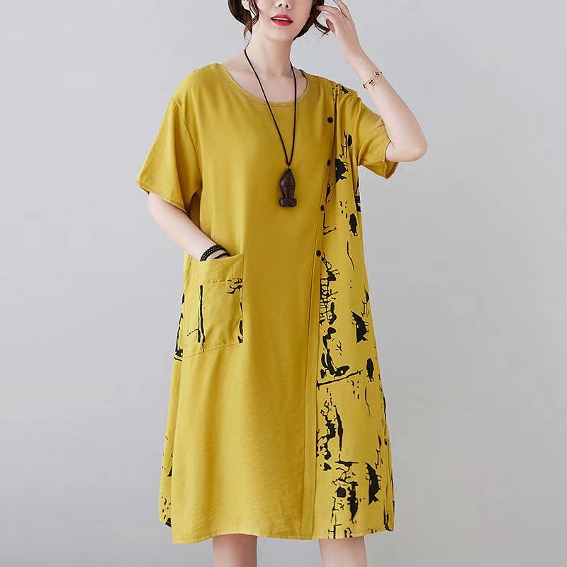 Summer new large women's dress loose and thin, covering the stomach, fashionable and versatile Printed Dress