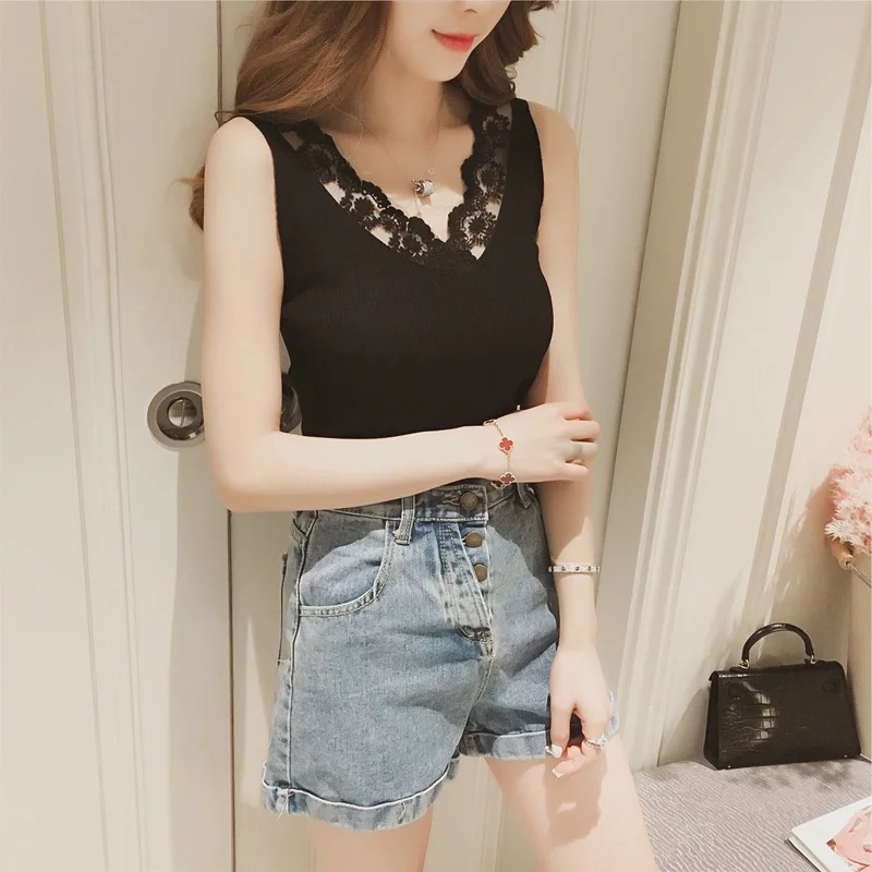 Spring and summer new Korean lace Halter bottoming blouse women's solid color versatile knitted vest top
