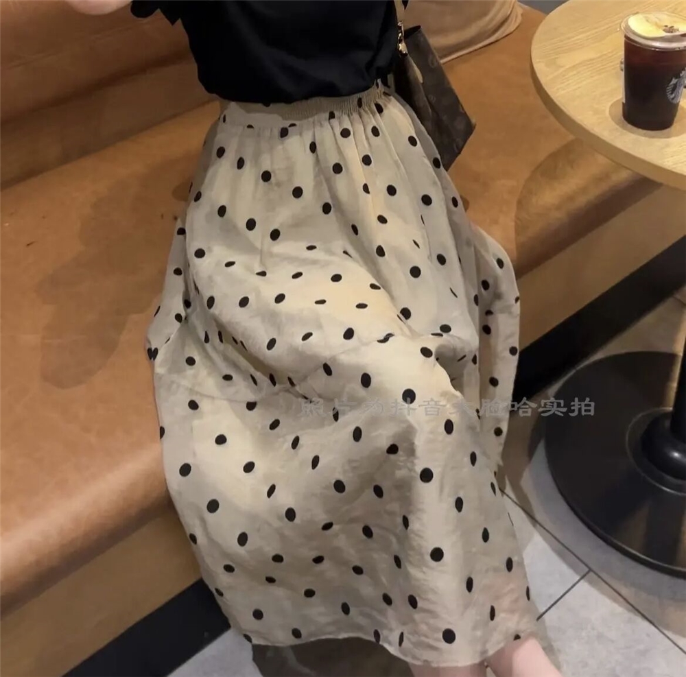 2023 summer new style gentle wind high waist polka dot skirt women's French loose slim mid-length A-line skirt