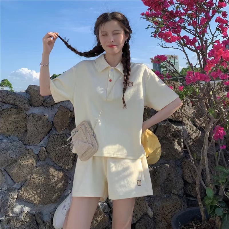 Official figure cotton leisure sports suit women's summer loose polo collar short sleeve T-shirt shorts two-piece set