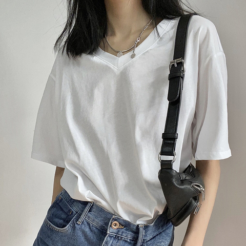 65 polyester 30 cotton 5 spandex 2022 new summer V-neck white T-shirt women's Short Sleeve T-Shirt
