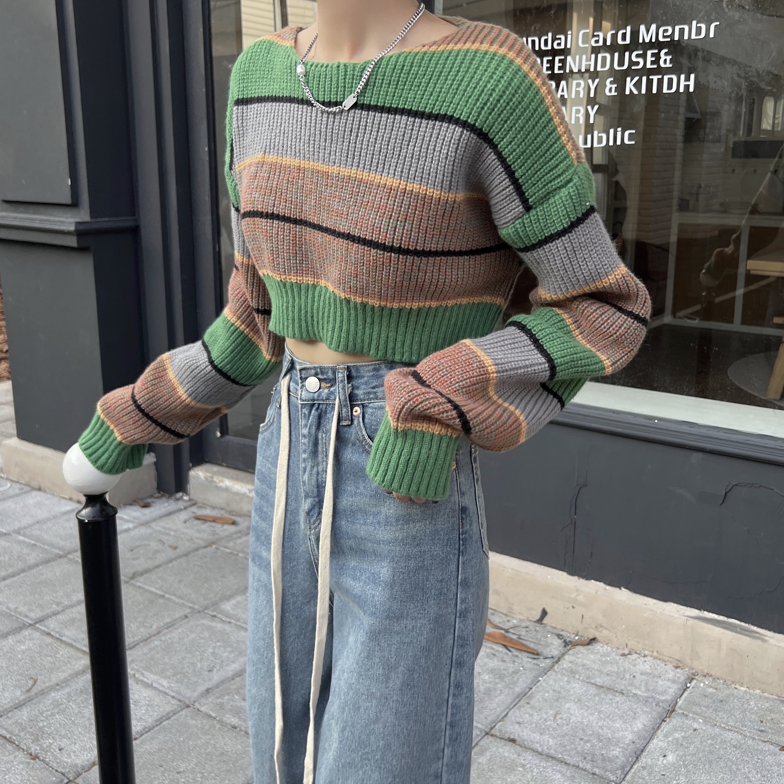 Real price real shot Korean version of the new color stripe short long sleeve sleeve sweater woman