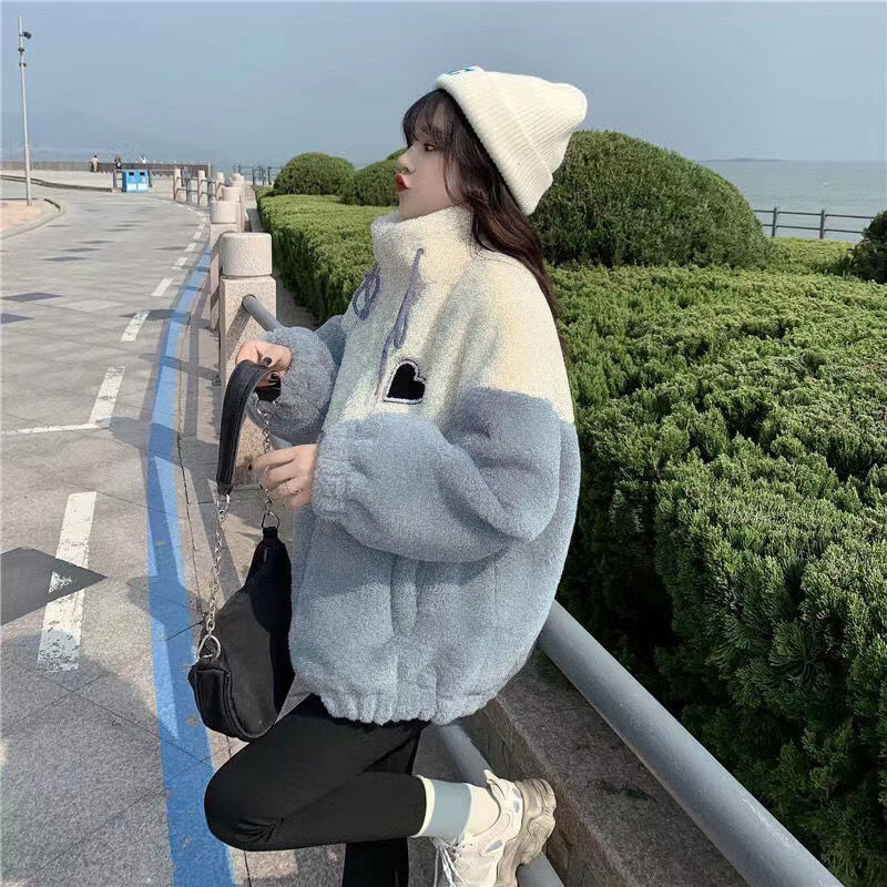 羊羔絨外套女秋冬裝新款初中高中學生韓版寬鬆加厚拼接棉服潮