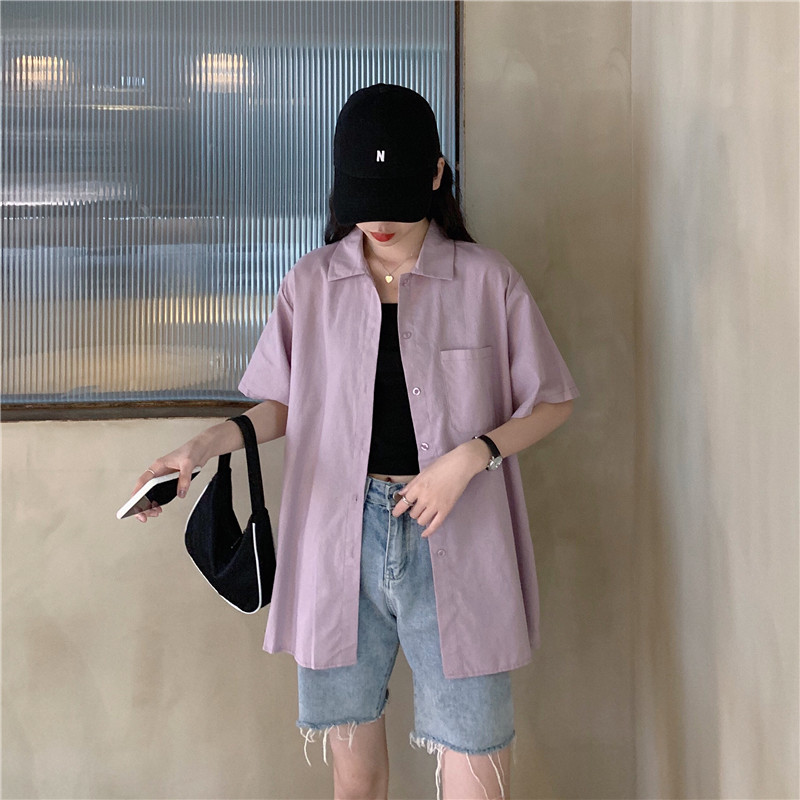Real shot short sleeved shirt women's Japanese girlish top loose Vintage solid color Hong Kong style small fresh shirt in summer