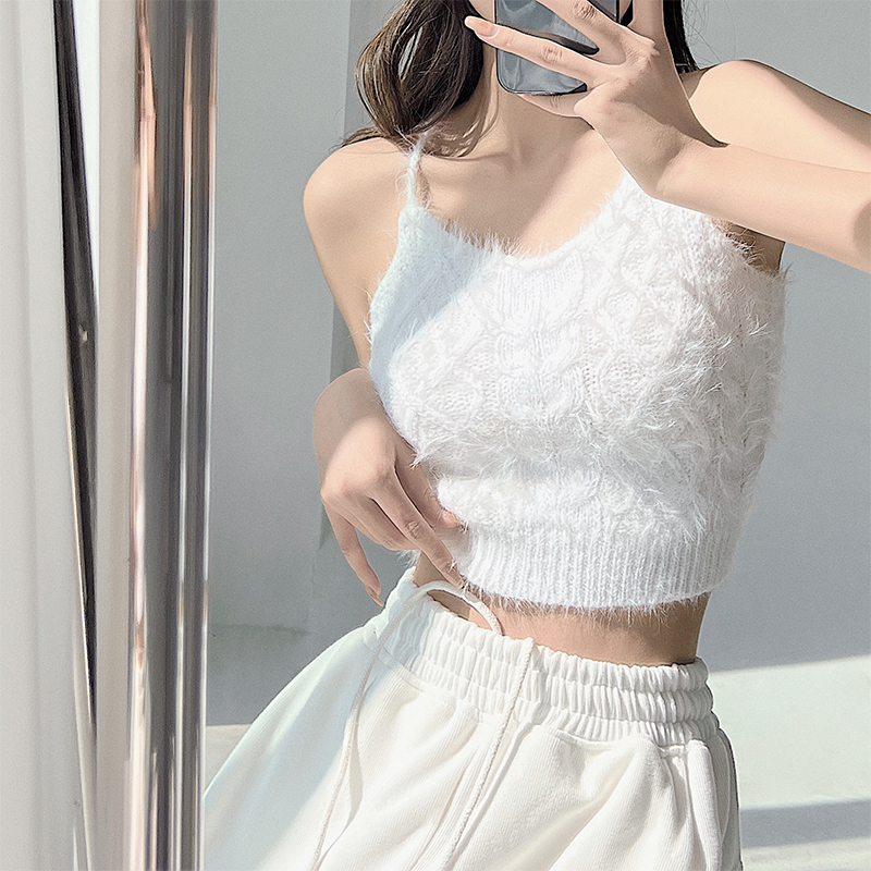 Street pure desire style imitation mink hair strap hanging neck camisole women's inner tube top bottoming short style outerwear top women