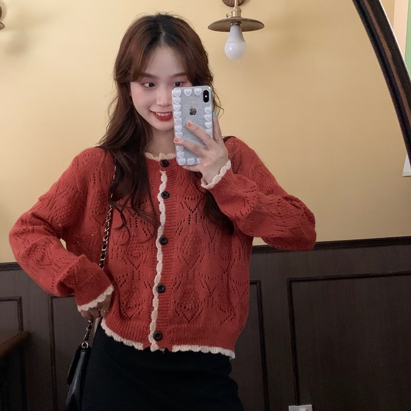 Real price Korean version loose contrast color lace sweet hollow knitted cardigan sweater jacket women