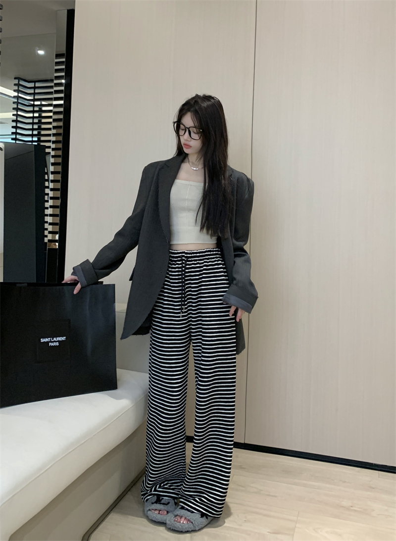 Real price spring and autumn striped wide-leg pants high waist straight loose loose drape lazy casual pants