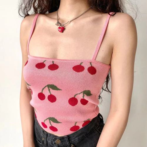 American Vintage Cherry flat knit suspender vest women's slim high waist blouse