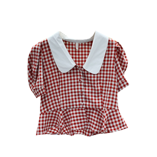 East Gate Baby collar Plaid short sleeve shirt for women 2020 summer wear new Korean version retro all over shirt top