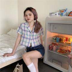 Real price girl's short shirt Plaid short sleeve top