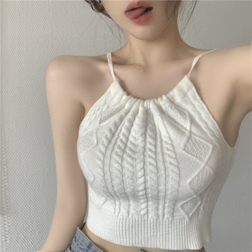 Sling design sense small crowd wear sexy hollow hanging neck knitted tie vest high waist navel exposed short top women