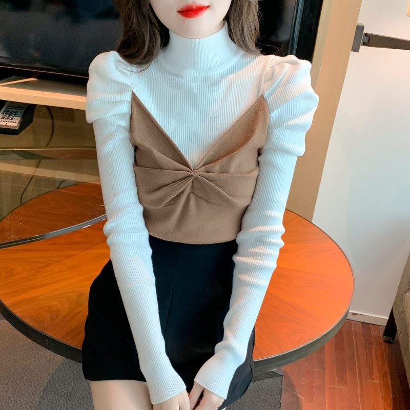 Real shot!  2022 autumn and winter new Korean version pullover stitching fake two-piece slim bottoming shirt knitted sweater top