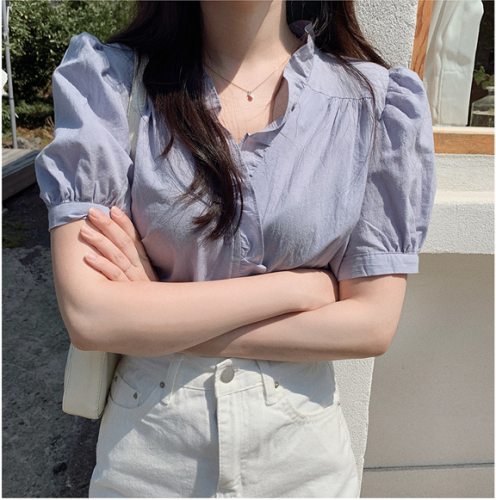 Han Fan wood ear edge Chiffon Shirt Short Sleeve thin style women's summer small fresh versatile V-neck design sense of foreign style top