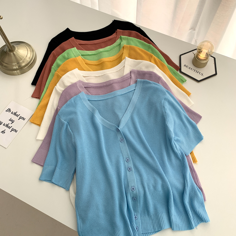 French retro short top women's new summer design sense of minority V-neck black short sleeve knitted cardigan