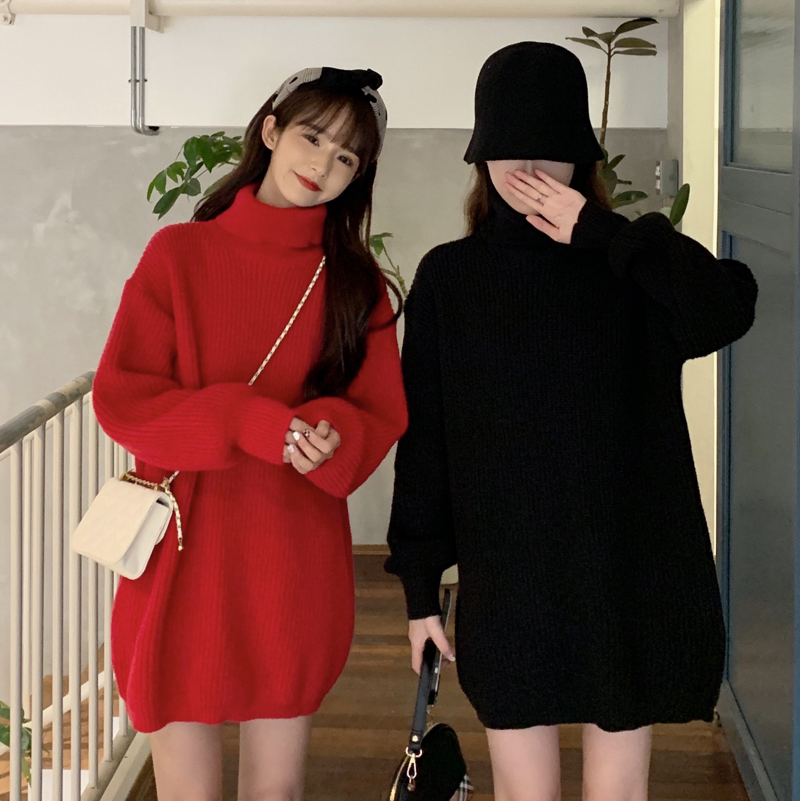 Real shot Autumn and winter large size knitted dress Christmas New Year red turtleneck strapped lantern sleeves early spring thick dress