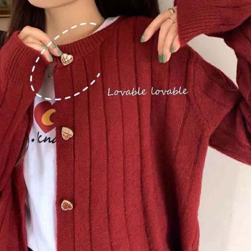 Cashmere 2020 loose thin pit stripe T-shirt sweet heart button sweater coat cardigan