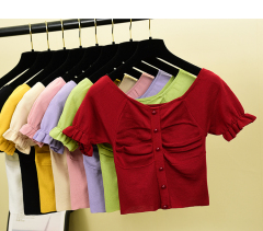 Square collar, wood ear edge, short sleeve T-shirt, women's new style in 2020 summer, pleated collarbone, short top, INS fashion