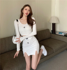 實拍辣妹月牙套裝氣質V領長袖T高腰半身裙兩件套實價