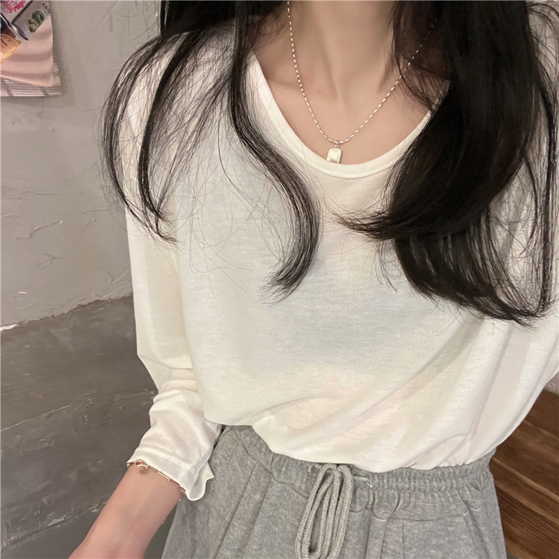Real shot real price chic Korean loose V-neck solid color long sleeve T-shirt student Pullover tee female