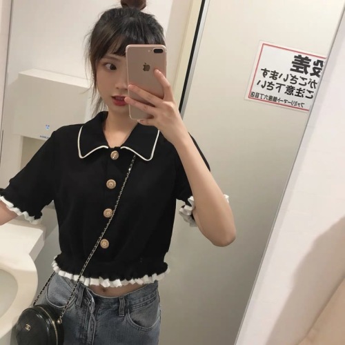 Zhenzhen's new black knitwear summer ear edge top slim short sleeve blouse women's short school style