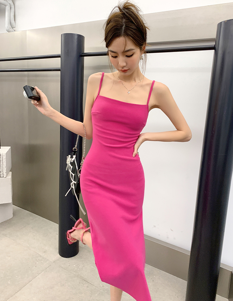 Real shooting of 2022 summer new solid color high sense minimalist suspender dress high waist split slim fit skirt women's fashion