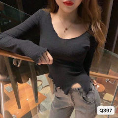 Korean version simple basic ear edge irregular bottom T-Shirt New Sexy Low Cut V-Neck long sleeve T-shirt for women in spring and summer