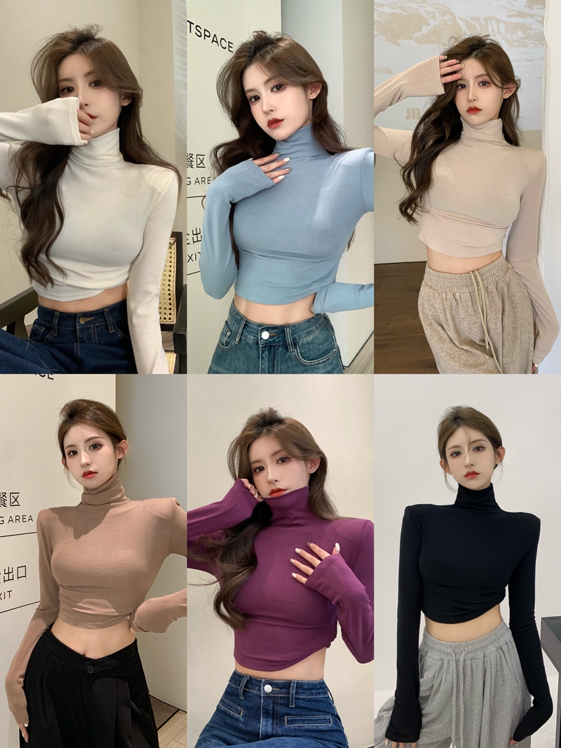 Real shot autumn and winter soft and waxy slim fit, thin and brushed, long-sleeved T-shirt, tight-fitting short high-neck shoulder pad bottoming shirt