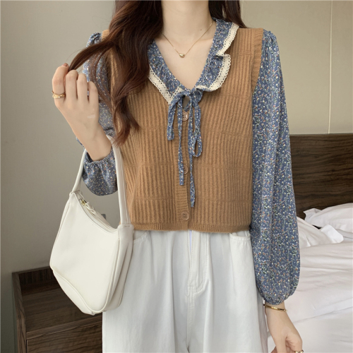 Real shooting and real price ~ new style shirt, women's French broken flower Lapel lace up shirt + knitted vest