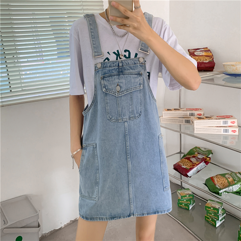 Real shot summer new large size women's denim suspender skirt loose student slim dress S-5XL200 catties