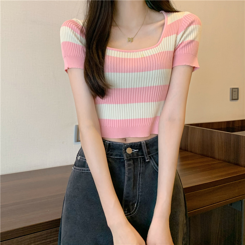 Real price sweet square neck stripe short sleeve knitted T-shirt top female