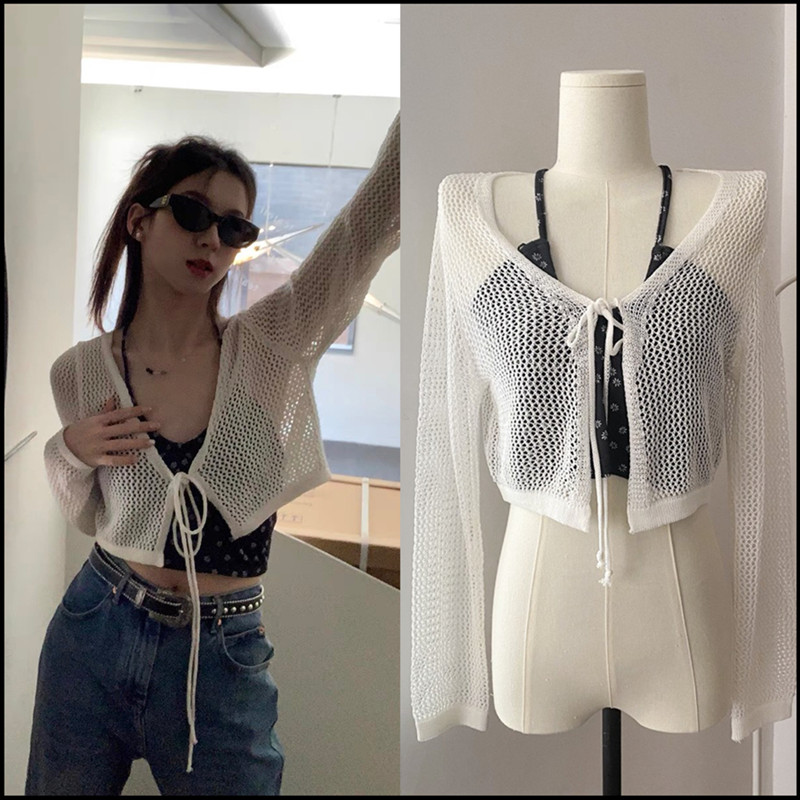 Hongren Pavilion sun protection cardigan women's thin summer half length small blouse with hollow out sweater