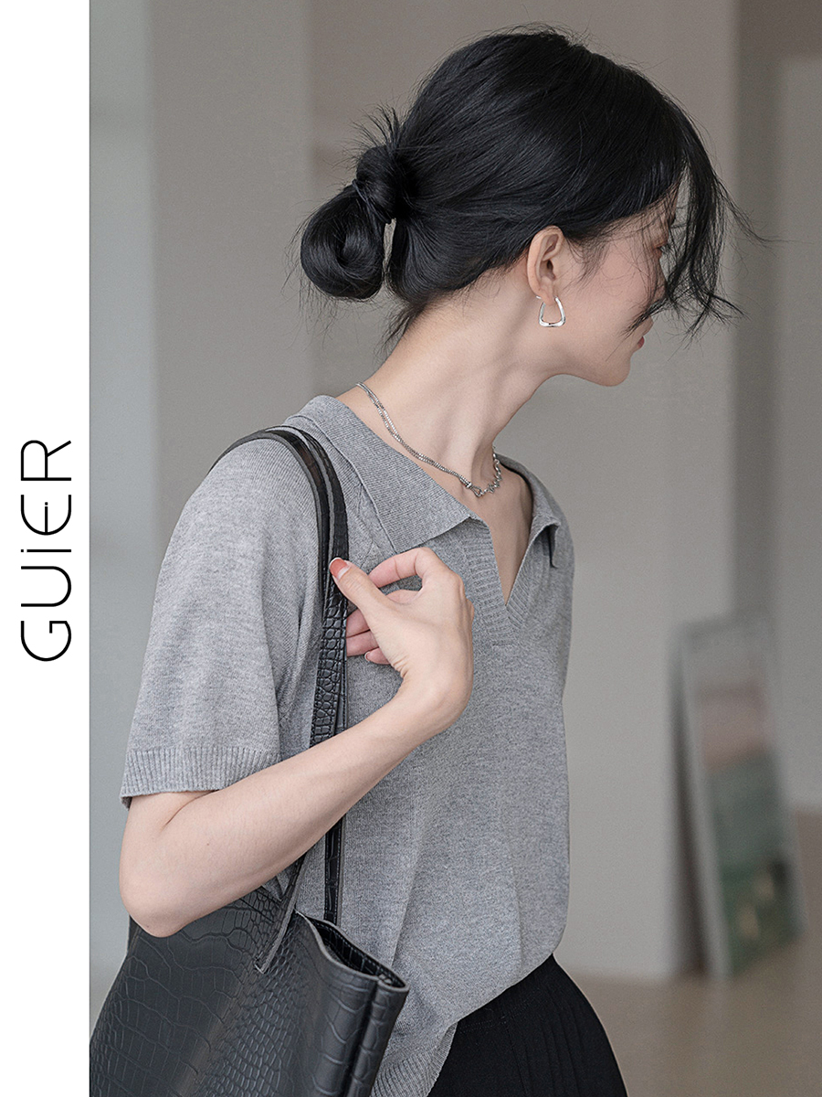 Guier knitted short sleeve T-shirt women's 2021 new summer polo collar design sense of niche thin top