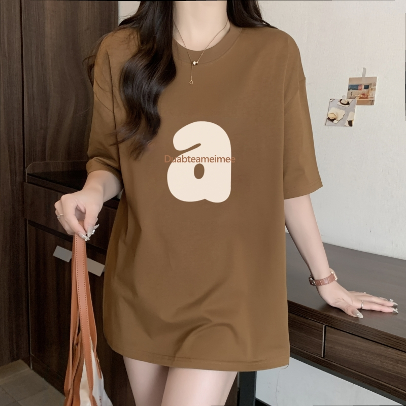 Real shot combed 100% cotton summer short-sleeved T-shirt women's printed loose Korean summer top