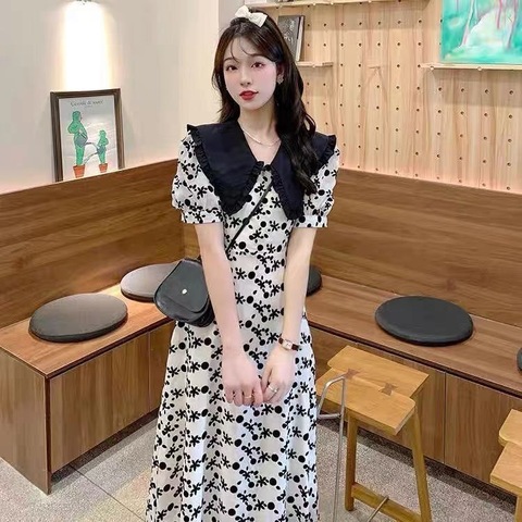 Summer new French retro doll neck dress summer 2022 new Hepburn loose floral dress women