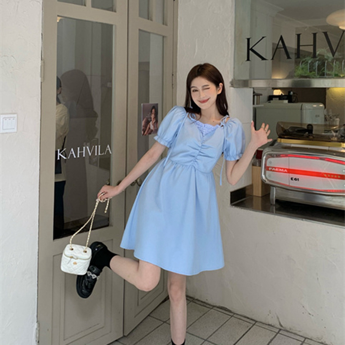 French fashion fake two-piece preppy bowknot square collar dress sweet and fresh wind waist slimming lady skirt