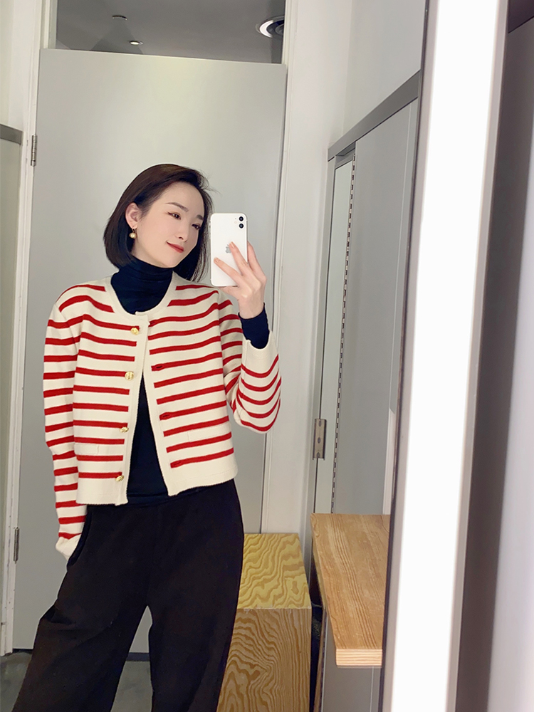 Cos women's 2021 winter new French small fragrance stripe wool knitted cardigan thin top coat