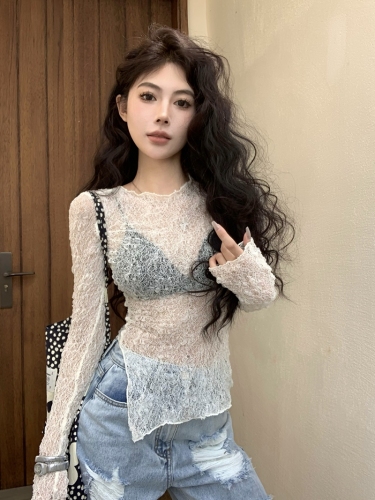 Real shot of summer sexy sexy hollow lace see-through T-shirt slim elastic hot girl outer top